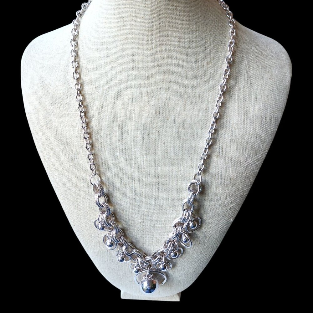 Silver Chain Necklace With Dangling Orb Charms & Lobster Clasp Closure
